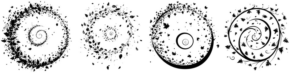 Poster - Intricate circular patterns featuring leaves and spirals in black and white design illustrating nature's beauty and elegance
