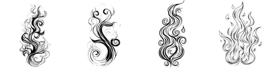 Poster - Abstract black and white swirling designs representing flame and smoke in creative patterns