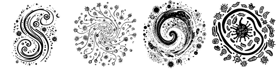 Poster - Intricate black and white designs depicting microorganisms and swirling patterns in an abstract artistic style