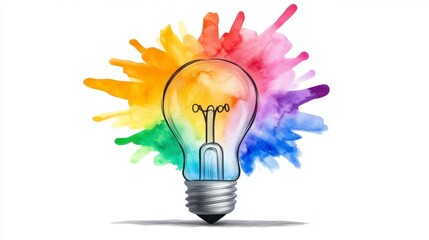 Poster - Watercolor painting of a lightbulb with a colorful explosion of paint.