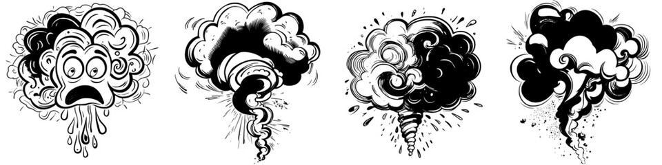 Poster - Different expressions of smoke clouds with various emotional faces illustrated in a monochrome style