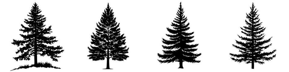 Poster - Different styles of silhouette pine trees showcased in a minimalist design on a white background for artistic interpretation