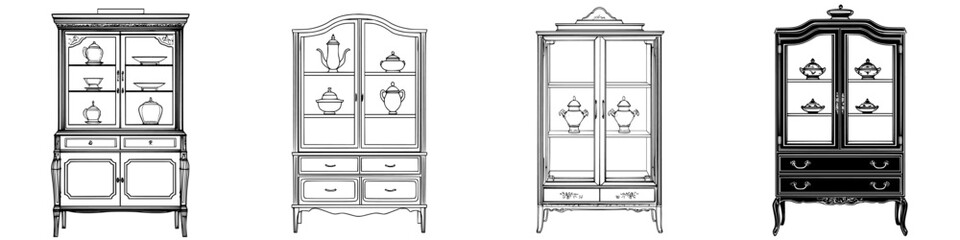 Poster - Elegant display cabinets showcasing antique glassware in various designs and styles
