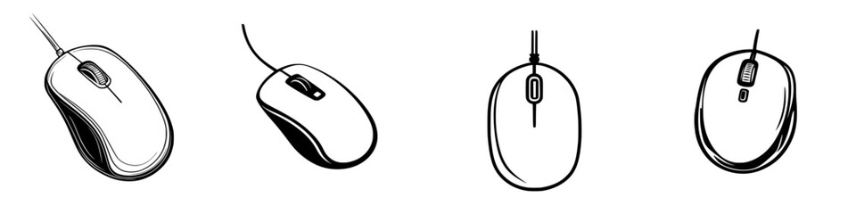 Poster - Different designs of a computer mouse shown from various angles in a simple illustration