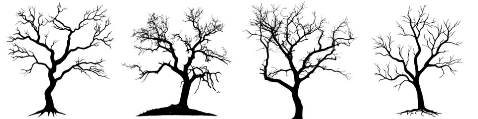 Poster - Dark silhouettes of four distinct leafless trees against a plain background create a stark contrast in early winter