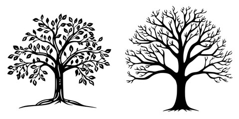 Poster - Contrasting designs of a leafy tree and a barren tree representing life cycles through seasons