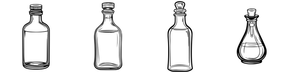 Poster - Glass bottles in various shapes and sizes displayed on a neutral background in a creative arrangement