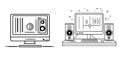 Poster - modern computer setups featuring speakers and monitors in a minimalist design for creative work
