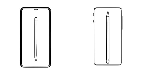 Poster - Sketch of a smartphone design featuring a stylus in a minimalist style with a white background