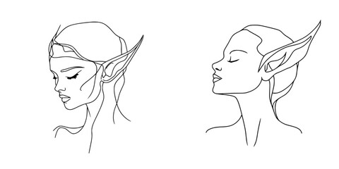 Poster - Elegant fantasy elf character sketches showcasing intricate ear design and graceful profiles in simple line art style