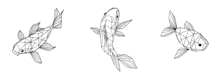 Poster - Abstract art featuring three geometric koi fish designs in black and white showcasing intricate lines and shapes