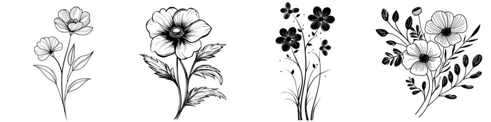 Poster - Floral designs featuring various flowers in black and white, showcasing intricate details and natural beauty for artistic inspiration
