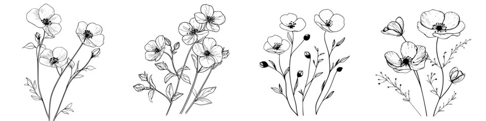 Poster - Floral illustrations featuring delicate blooms and leaves in a minimalist black and white style arranged in a grid pattern