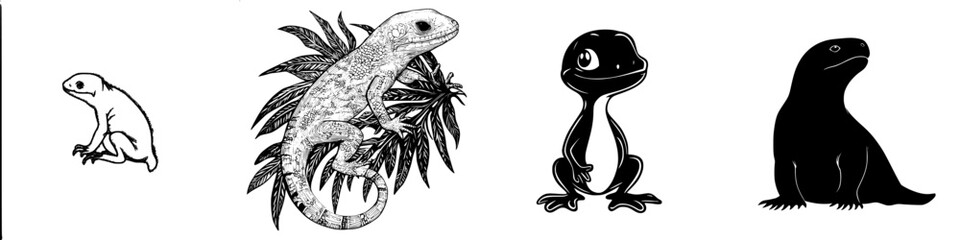 Poster - Stylized illustrations of various reptiles and amphibians in a minimalist design showcasing unique features and forms