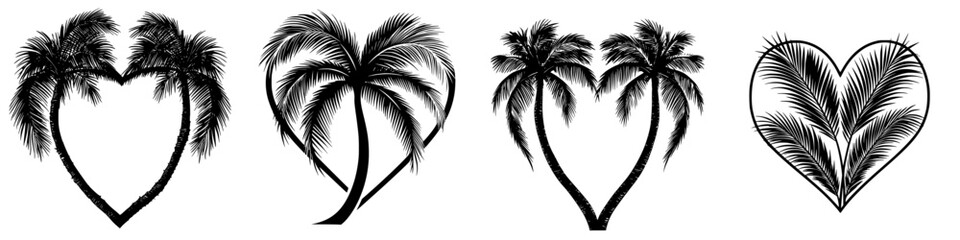 Poster - Unique palm tree silhouettes form heart shapes in creative tropical designs for artwork or decoration