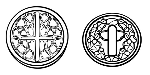 Poster - Intricate designs of religious symbols displayed in a circular shape with intricate patterns and a focus on symmetry and meaning