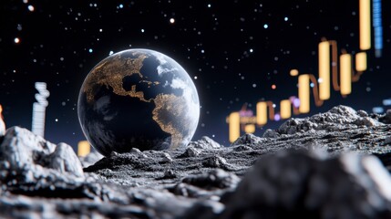 Poster - Digital rendering of Earth on a moon like surface with stock market charts in the background. Lit Earth globe and rocky lunar landscape with financial data.