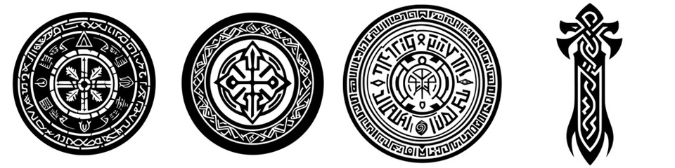 Poster - Intricate ancient symbols representing cultural heritage and mythology in black and white design