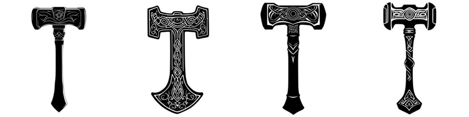 Poster - Illustration of ornate hammer designs featuring intricate patterns and unique shapes in a minimalist style
