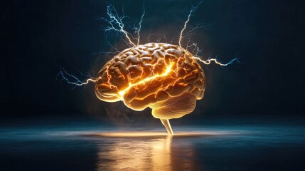 Poster - Glowing neural brain with bright lightning flashes on solid color background