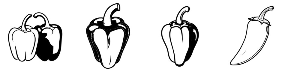 Poster - Variety of bell peppers and chili peppers illustrated in black and white on a plain background