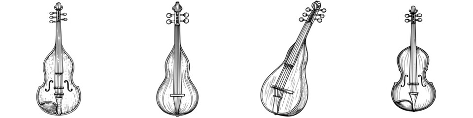 Poster - Various string instruments displayed in an artistic arrangement with detailed illustrations and unique designs