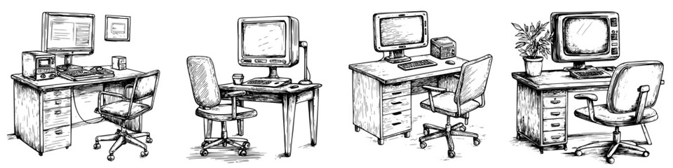 Aufkleber - different styles of home office desks showcasing computers and workspaces in a creative, hand-drawn 