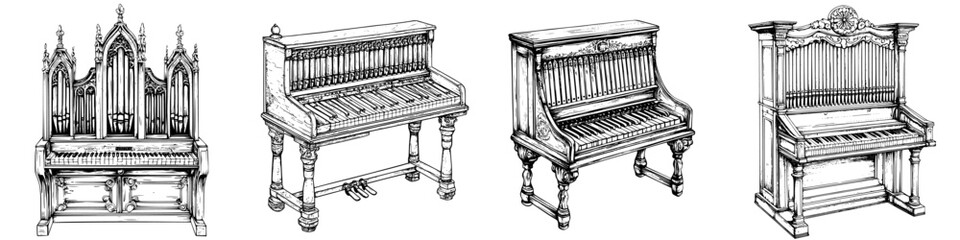 Poster - Vintage pianos displayed in a row showcasing unique designs and craftsmanship from different eras