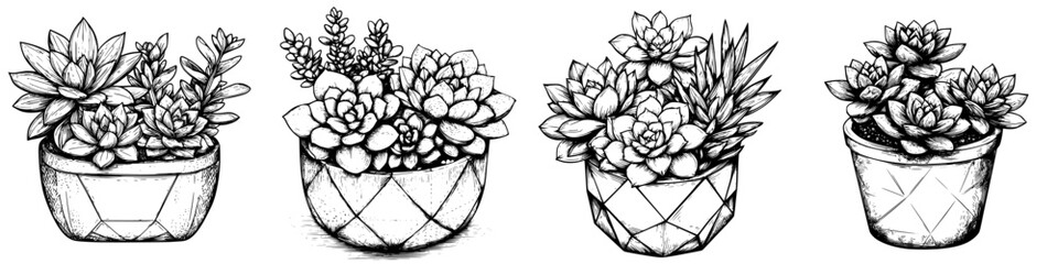 Poster - Succulent plant illustrations in decorative pots showcasing various species and arrangements