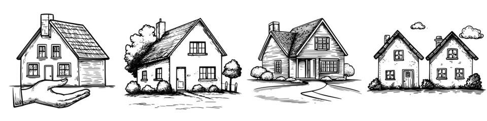 Poster - Creative hand-drawn illustration of various house designs in a simple style for architectural inspiration