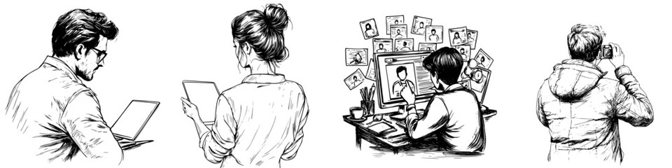 Poster - creative professionals engaged in digital tasks in a modern workspace during the daytime