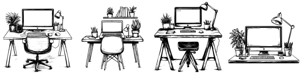 Poster - Workspaces featuring modern desk designs with plants and technology for productive environments