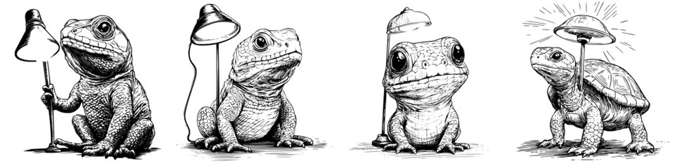 Poster - Unique illustrations of amphibians under quirky lamps showcasing their personalities and charm in a whimsical setting
