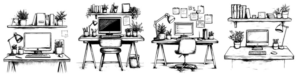 Poster - Creative workspace designs featuring plants and organized desks for productivity
