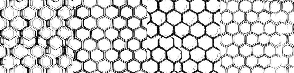 Poster - Patterns of hexagonal shapes in black and white showcasing different textures and designs in a modern art style