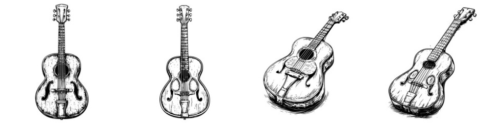 Poster - Four vintage guitars displayed in a row highlighting their unique shapes and designs in a minimalist style