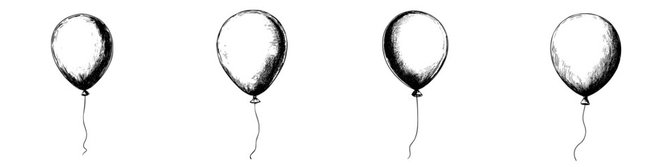 Poster - Collection of four black and white balloon illustrations showcasing various shapes and sizes in a simple design