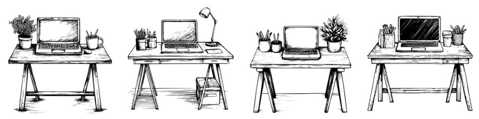 Poster - creative workspace designs featuring four unique desk setups with plants and laptops in a minimalist