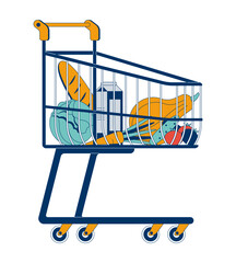 Poster - Shopping cart filled with groceries 2D cartoon object. Consumer spending. Food cost. Bread, milk, vegetables. Supermarket trolley isolated element flat vector clip art on white. Spot illustration