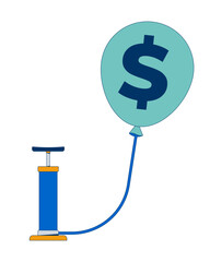 Poster - Inflation concept with dollar balloon and pump 2D cartoon object. Rising prices. Financial pressure. Economic stress. Helium baloon isolated element flat vector clip art on white. Spot illustration