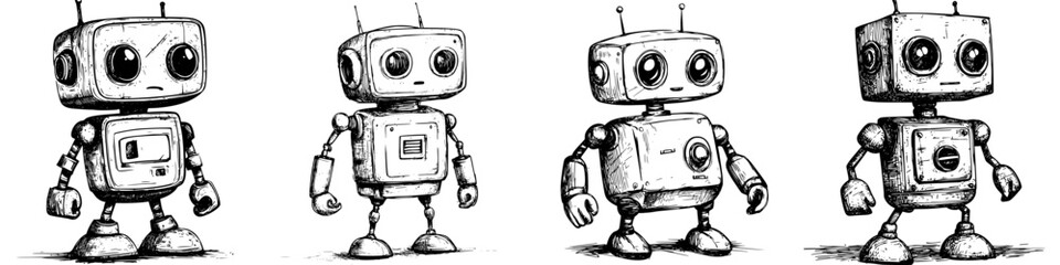 Poster - Artistic illustration of four vintage-style robots in various poses showcasing creativity and design