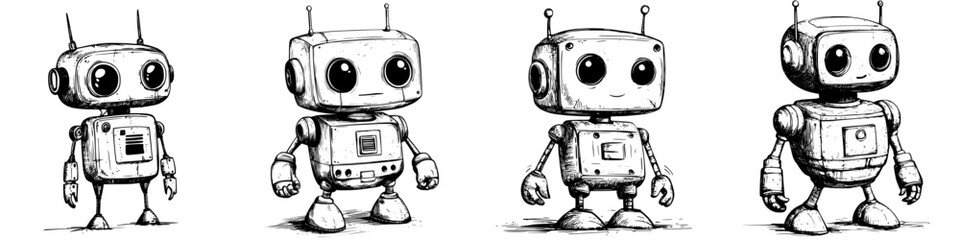 Poster - Cute cartoon robots showcasing different expressions and designs in a playful display of creativity and technology