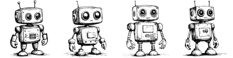 Poster - Vintage robot characters in a playful lineup showcasing diverse designs and features in a monochrome style