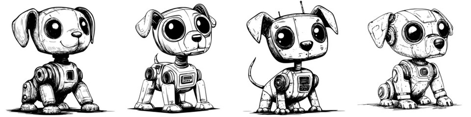 Poster - Different designs of robotic dogs showcasing various features and styles in a creative illustration