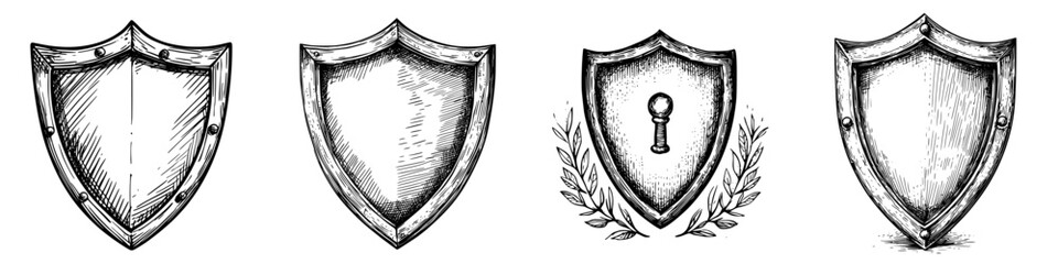 Poster - Vintage shield designs showcasing different shapes and styles in a minimalist artistic layout