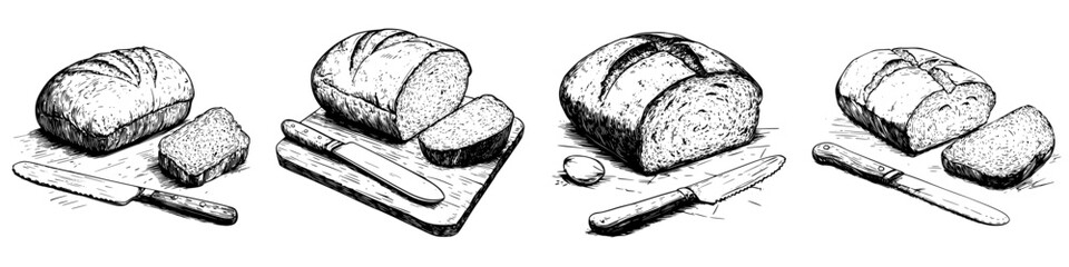 Poster - Freshly baked bread on a wooden cutting board with knife and sliced loaves in a cozy kitchen setting