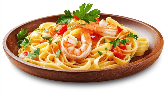 Hand-drawn prawn linguine with garlic, chili, and parsley, served on a rustic plate