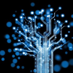 Poster - abstract glowing blue circuit board tree design on black background. digital art, technology concept