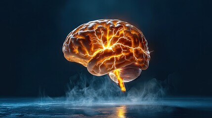 Poster - Human brain glowing with lightning bolts and neural energy on dark blue scene