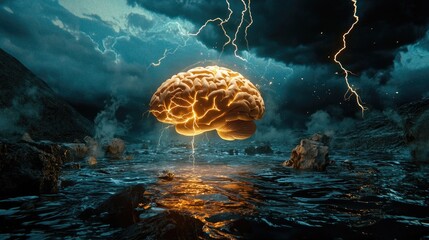 Poster - Human brain glowing with lightning bolts and neural energy on dark blue scene